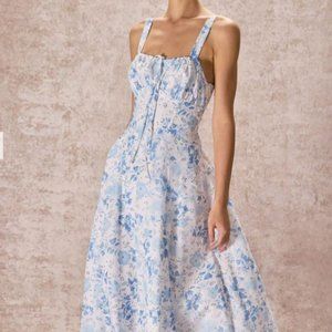 Rihoas Blue Square Neck Floral Ruched Midi Dress
